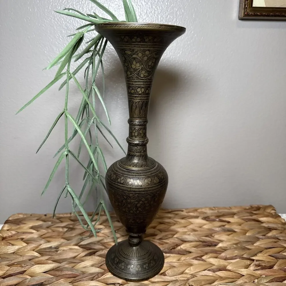 VTG Hand Etched Aged Brass Vase 10” Tall Engraved Indian Middle Eastern Decor